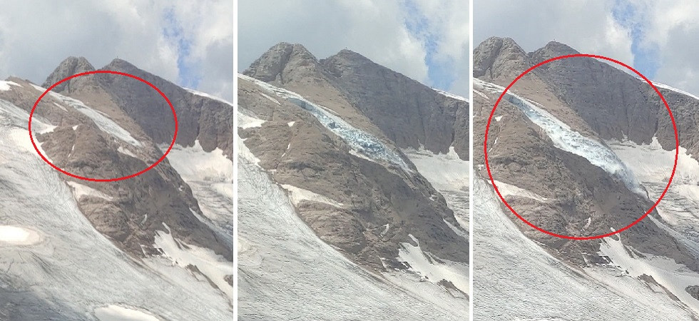 Foto Mihai Gabor pubblicate da Passione Neve & Montagna Marmolada, le FOTO inedite del momento esatto del distacco: 300.000 metri cubi di ghiaccio e detriti “lanciati” a 300